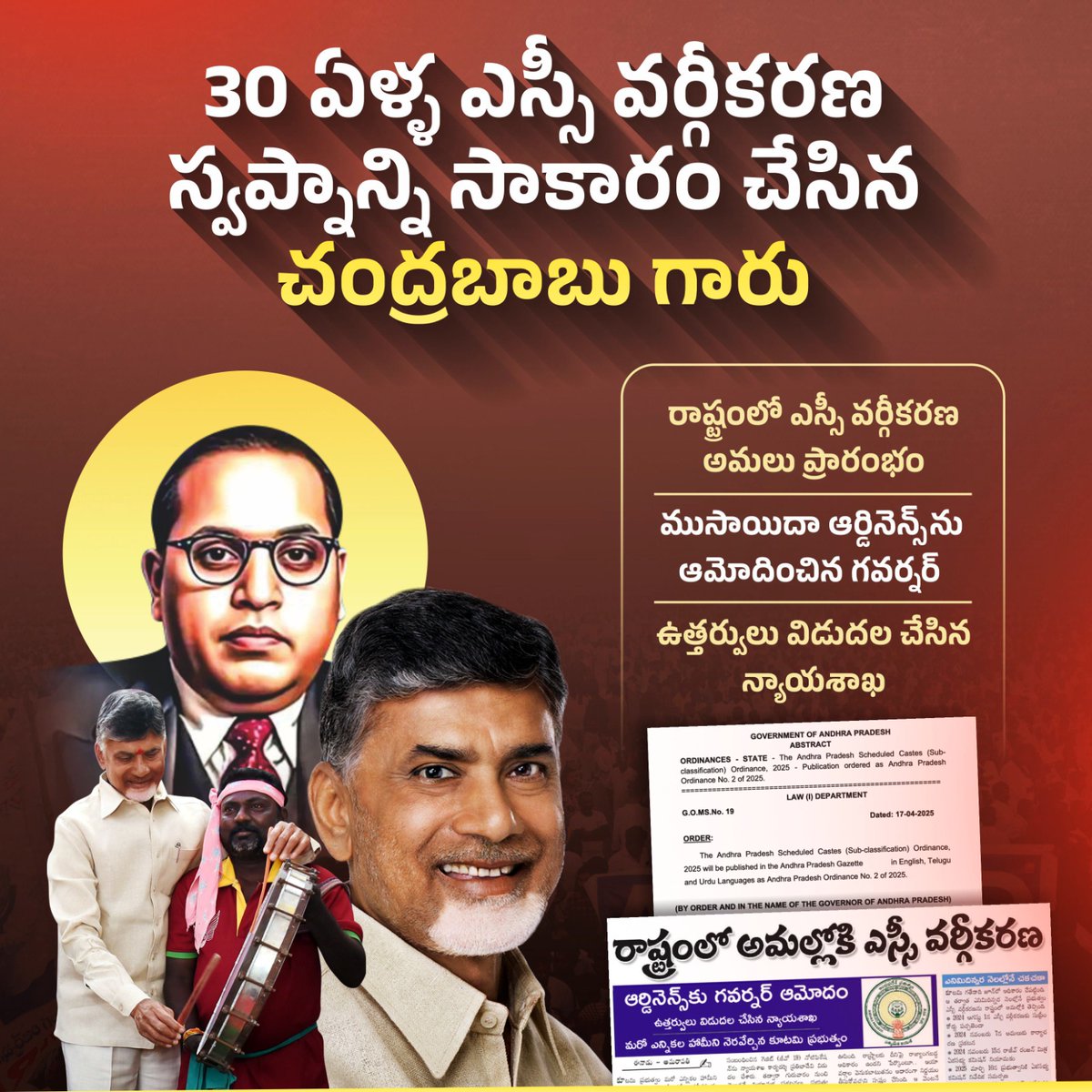JaiTDP's tweet photo. ఎట్టకేలకు ఎస్సీ వర్గీకరణ ఏప్రిల్ 17, 2025 నుంచి అమల్లోకి వచ్చింది. ఈ తేదీ నుంచి వెలువడే నియామక ప్రకటనలు, ప్రభుత్వ ఉద్��ోగాల పదోన్నతులు, విద్యా సంస్థల్లో ప్రవేశాలకు ఈ వర్గీకరణ ప్రకారం రిజర్వేషన్ అమలు కానుంది.
#SocialJusticeInAP
#SCcategorisationInAP
#IdhiManchiPrabhutvam
#ChandrababuNaidu
#AndhraPradesh