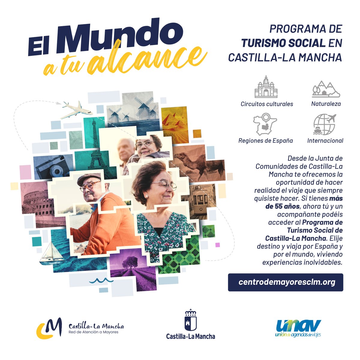 gobjccm's tweet photo. ‼️ Si tienes más de 55 años, esto te interesa. 

APÚNTATE AL PROGRAMA DE TURISMO SOCIAL:
✅ Precios reducidos.
✅ 277 destinos nacionales e internacionales, incluye cruceros.
✅ Salidas desde cualquier punto de #CLM. 

✈️ ¿A qué esperas? Solicita tu plaza: https://t.co/2eA95rvn8h https://t.co/flH7gr9A7O