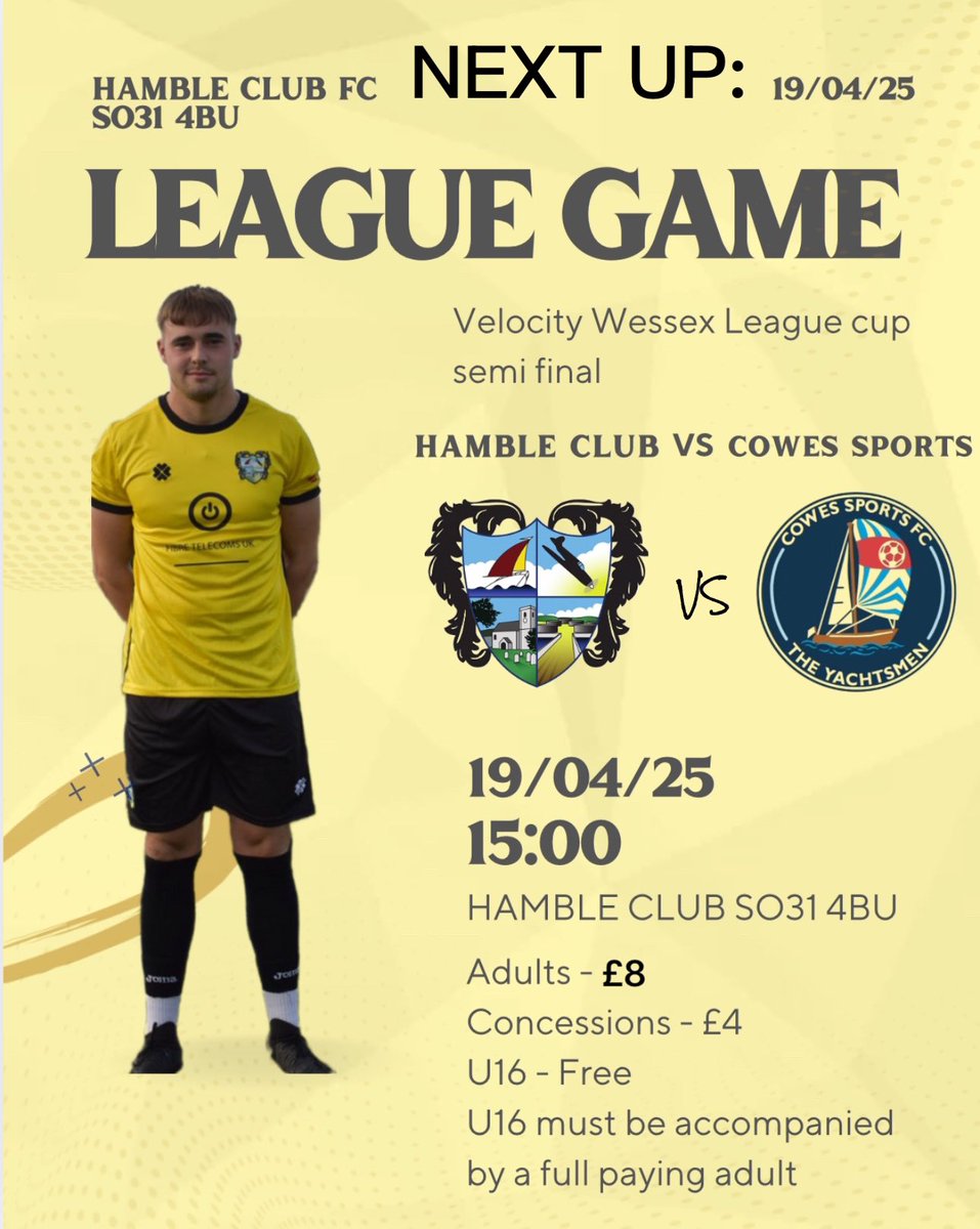 NEXT UP!

Tomorrow we face <a href="/CowesSportsFC/">Cowes Sports FC - The Yachtsmen</a> at the abbey (H) in the <a href="/WessexLeague/">Velocity Wessex League</a>.

Our final game of the season as we go for our final push for play-off push!

3pm kickoff.
The abbey!
Final league game!

#UTM
