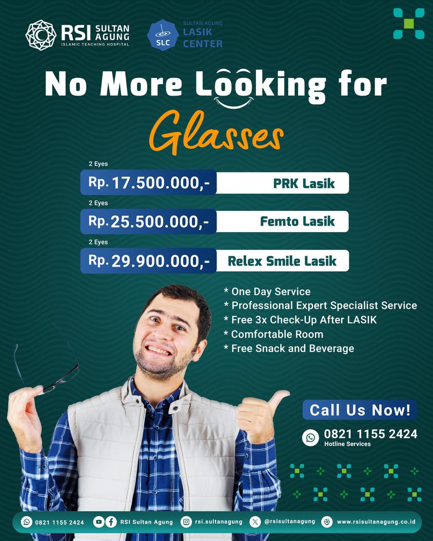 Mau bilang selamat tinggal pada kacamata?
Saatnya buka mata lebih jernih dengan layanan LASIK di RSI Sultan Agung Semarang!

Dengan teknologi mutakhir dan tenaga ahli profesional, penglihatan jadi lebih tajam, nyaman, dan bebas ribet.