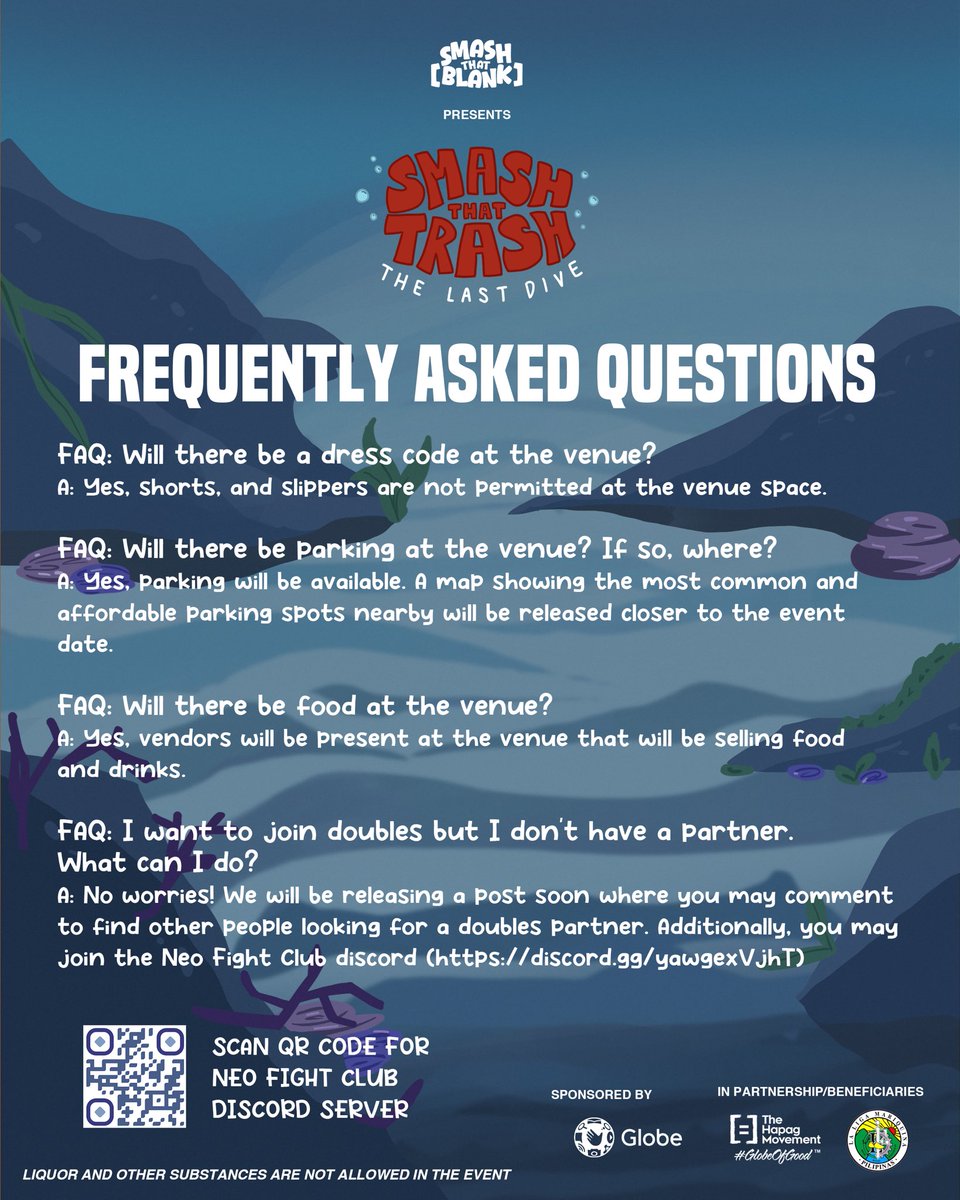 SmashThatBlank's tweet photo. Got questions before the LAST DIVE? 👀🌊

Swipe through to see if your questions on your "What.., What if.., Can I.., Is there.." are answered! If your question wasn't answered leave them down below 👇

#SmashThatTrash #FAQ #SmashThatTrashLastDive https://t.co/syDiuS9TPs