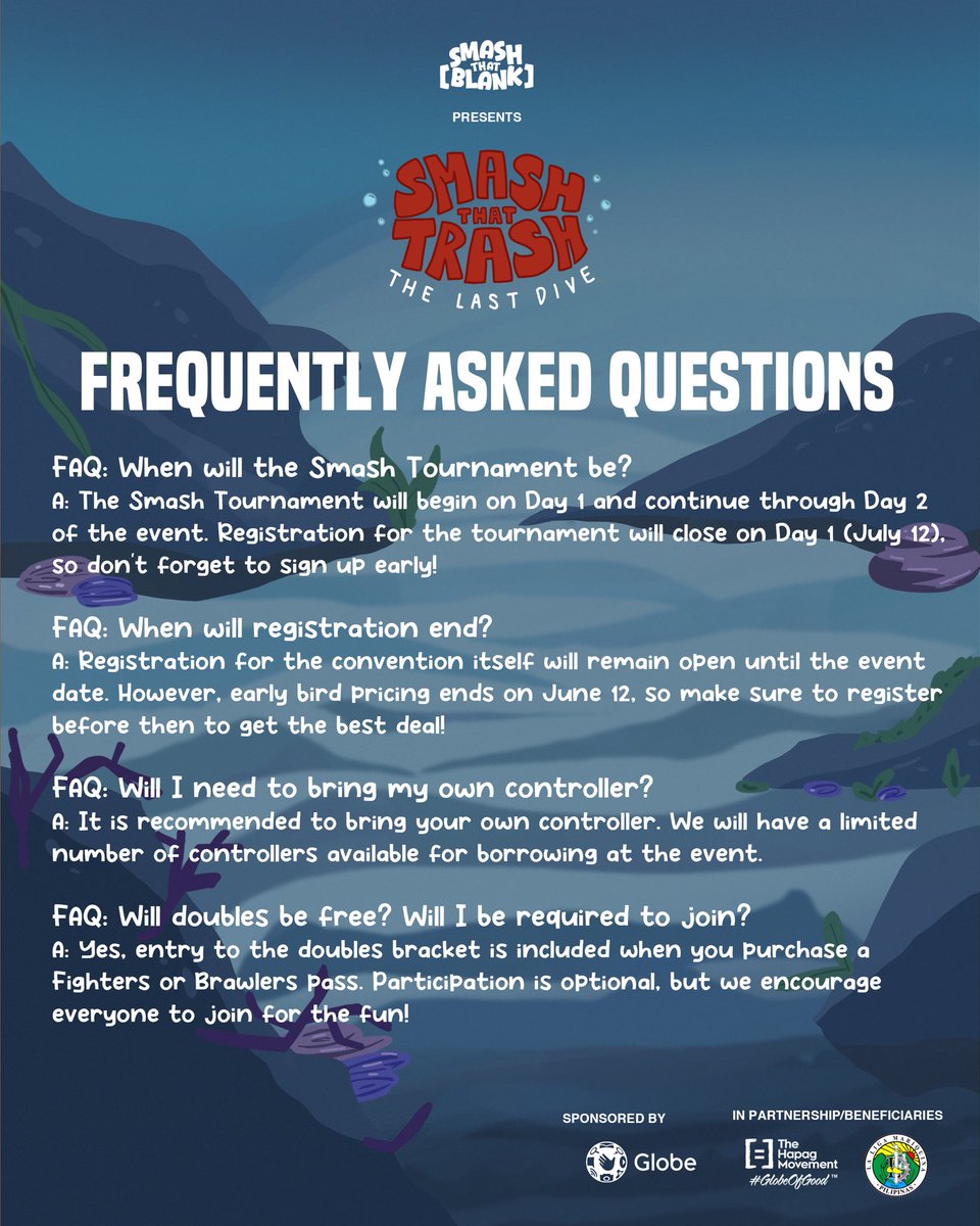 SmashThatBlank's tweet photo. Got questions before the LAST DIVE? 👀🌊

Swipe through to see if your questions on your "What.., What if.., Can I.., Is there.." are answered! If your question wasn't answered leave them down below 👇

#SmashThatTrash #FAQ #SmashThatTrashLastDive https://t.co/syDiuS9TPs