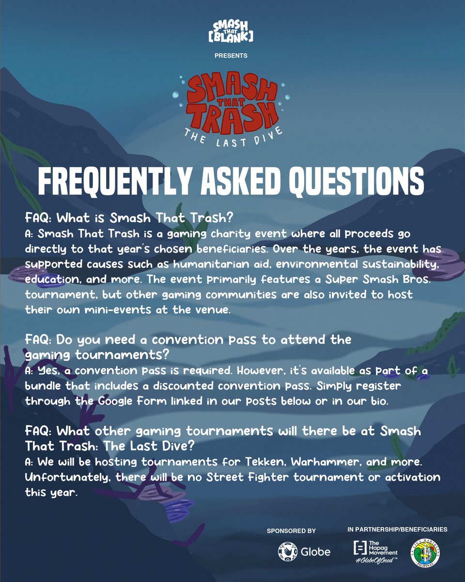 SmashThatBlank's tweet photo. Got questions before the LAST DIVE? 👀🌊

Swipe through to see if your questions on your "What.., What if.., Can I.., Is there.." are answered! If your question wasn't answered leave them down below 👇

#SmashThatTrash #FAQ #SmashThatTrashLastDive https://t.co/syDiuS9TPs