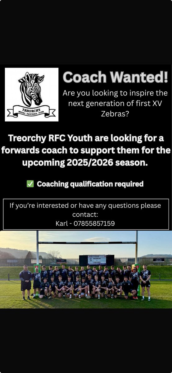 Treorchy Zebras Youth RFC 24/25 (@treorchyrfcu18s) on Twitter photo Anyone out there that fancies the challenge please get in touch. You’ll be working with a great bunch of boys who are passionate about the game a willing to learn to improve in all aspects. 🦓🏉👍🏻👏🏻. <a href="/TreorchyZebras/">Treorchy RFC 🦓</a> <a href="/TCSPhysicalEd/">TCS Physical Education</a> <a href="/AllWalesSport/">All Wales Sport</a> Anyone out there that fancies the challenge please get in touch. You’ll be working with a great bunch of boys who are passionate about the game a willing to learn to improve in all aspects. 🦓🏉👍🏻👏🏻. <a href="/TreorchyZebras/">Treorchy RFC 🦓</a> <a href="/TCSPhysicalEd/">TCS Physical Education</a> <a href="/AllWalesSport/">All Wales Sport</a>