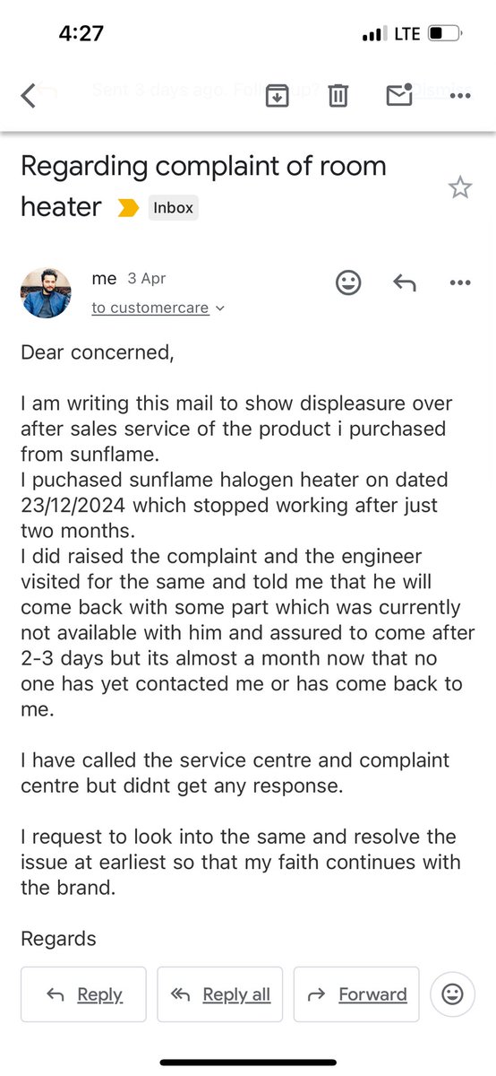 s_joshi07's tweet photo. @SunflameIndia 

This is to show displeasure over after sales service of the product i purchased from sunflame.
I puchased sunflame halogen heater on dated 23/12/2024 which stopped working after just two months.
I did raised the complaint and the engineer visited for the same… https://t.co/xCnaPd4sRO