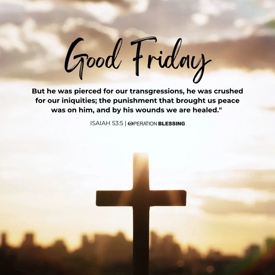 operationbless's tweet photo. Today we pause. We remember. We sit in the weight of the cross. Good Friday isn't just about sorrow — it's about sacrificial love. It's the day the sinless Savior chose suffering, so we could choose freedom.
#GoodFriday #ItIsFinished #Isaiah53 #John19 #TheCross #JesusPaidItAll https://t.co/k7QSXalPdL