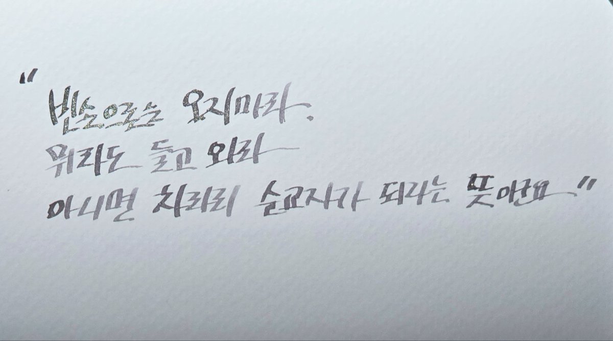 -그들의 하늘에 새는 날지 않는다 中

캘리는 기믁탕(@blacktea_kiwi)님 께서 써주셨습니다. 존잘님 정말 자개장 같은 멋진 잉크에 아름다운 손글씨 감사합니다.