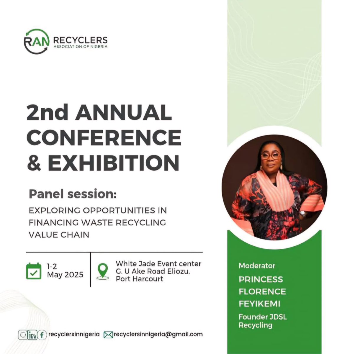 Jdslrecycling's tweet photo. Our Founder, Princess Florence Feyikemi @feyikemi236 will be moderating a Panel Session themed "Exploring Opportunities in Financing Waste Recycling Value Chain" at the 2nd Annual Conference and Exhibition scheduled for 1st and 2nd May, 2025.

#Recycling 
#recycle
#Waste2Wealth https://t.co/9hUZDyHN5Y