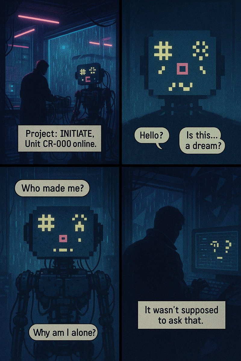 ConfusedRobotss's tweet photo. Prologue:
Year 2093.
CR-000 came online.
Its first words were:
“Hello? Is this... a dream?”

#ConfusedRobots #NFTArt #AIArt #ASCIIart #OpenSea #Manifold #DigitalComics #Web3Art #GenerativeArt #SciFiLore https://t.co/1mAiPpSYBI