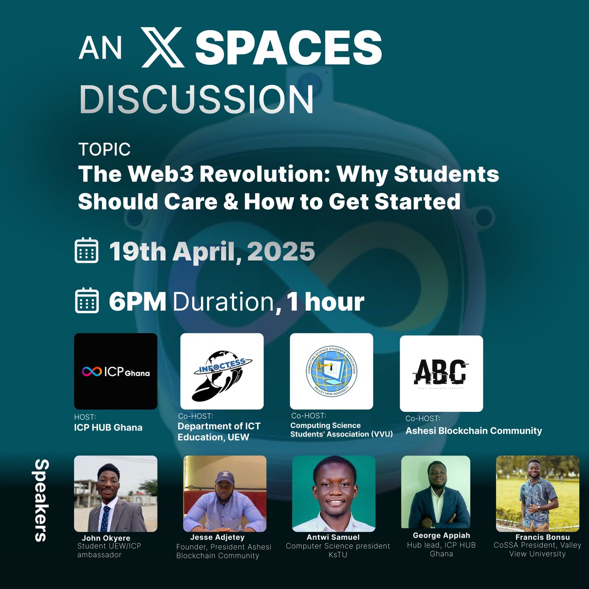 icphub_GH's tweet photo. 🚨 Upcoming Twitter Space - April 19th at 6:00 PM GMT!

Over the past few months, we’ve taken our Zero to Dapp workshops to universities across Ghana, helping students get hands-on with Web3 and build on the Internet Computer.

Now, we’re bringing their voices online.

Join us and the leaders of student tech associations from these universities as we co-host a Twitter Space on:

🎙️ The Web3 Revolution: Why Students Should Care & How to Get Started
🗓️ Saturday, 19th April 2025
🕕 6:00 PM GMT
📍 Hosted by ICP HUB Ghana
🔗 Join Live: https://t.co/xJVUSg2qdt

We’ll talk about:
Why students should care about Web3
How non-techies can get involved
Career & grant opportunities in Web3
Real stories from student leaders who have built on ICP

Let’s keep building the future together. 👨🏽‍💻👩🏾‍💻
