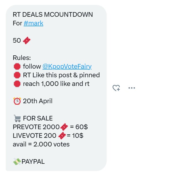 Captainmorkk's tweet photo. MARKF RT DEALS MCOUNTDOWN
For #mark

50 🎟

Rules:
🛑 follow @KpopVoteFairy 
🛑 RT Like this post &amp;amp; pinned
🛑 reach 1,000 like and rt 

⏰ 20th April 

🛒 FOR SALE
PREVOTE 2000🎟 = 60$
LIVEVOTE 200 🎟️= 10$
avail = 2.000 votes

💸PAYPAL https://t.co/CuWWgn1F1T