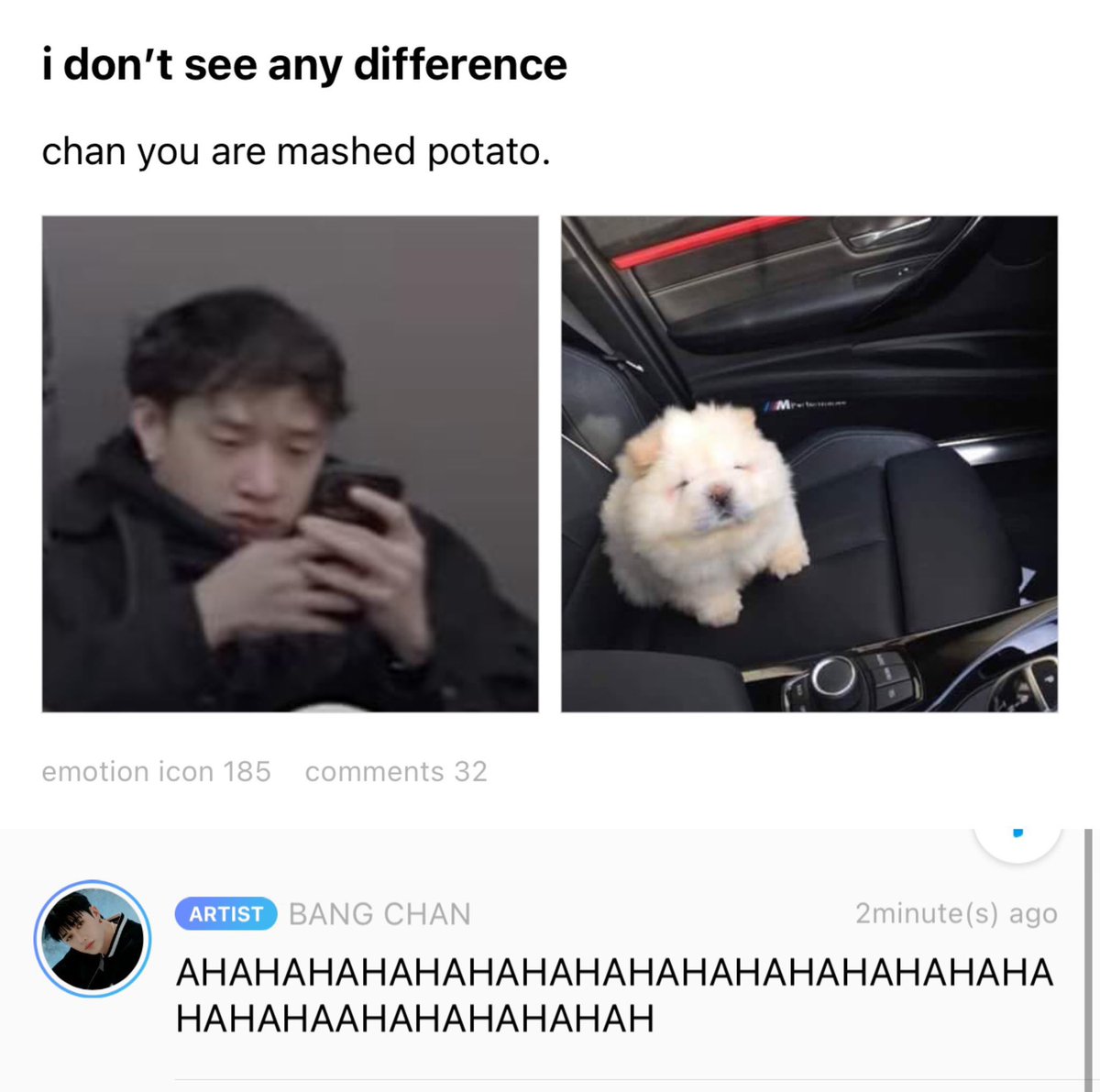 backsdoors's tweet photo. reminding everyone that chan knows he’s mashed potato https://t.co/DAH9zMtWEd