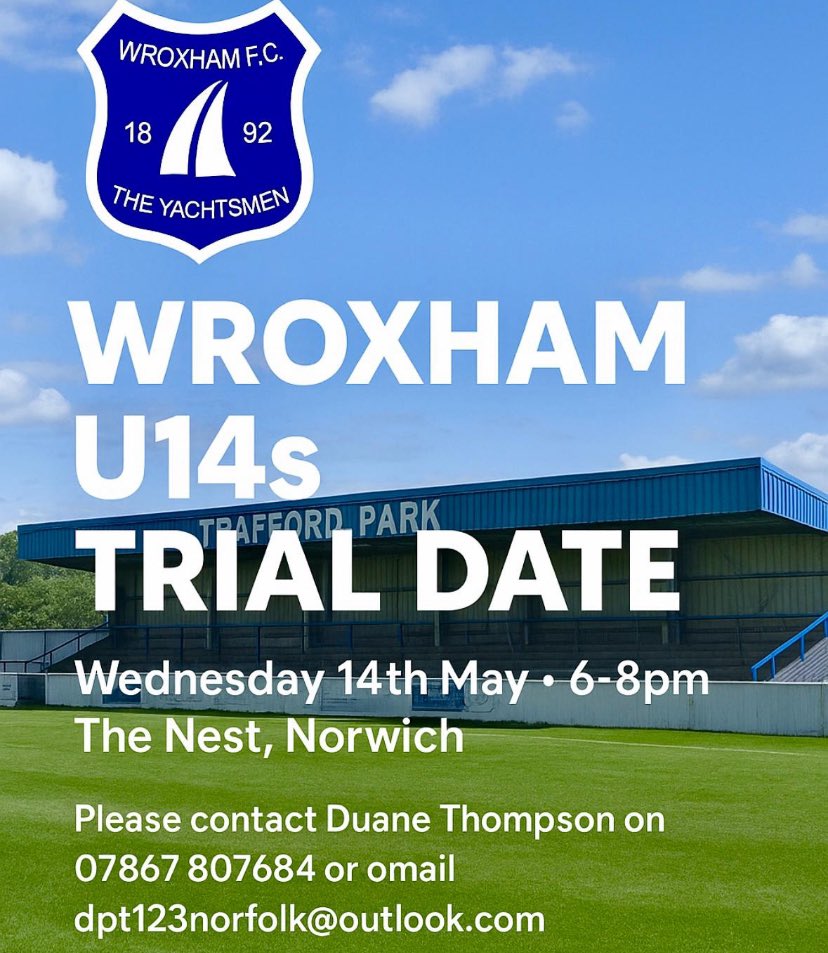 WroxhamEJA's tweet photo. Wroxham FC U14s EJA are recruiting for the 2025/26 !

This is a fantastic opportunity to join a team entering a high standard league with a clear pathway through to semi-pro adult football.
Get involved, challenge yourself and Come and be a part of this great club ⛵️⛵️ https://t.co/hSx9zPtA7p