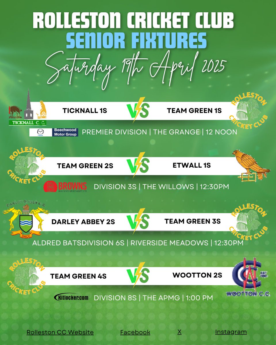 Rolleston Cricket Club (@rollestoncc) on Twitter photo This weekend’s fixtures 👇
1s vs <a href="/Ticknallcc/">Ticknall CC</a> (A) 12 noon
2s vs <a href="/etwallcricket/">Etwall CC</a> (H) 12.30pm
3s vs <a href="/DarleyAbbeyCC/">Darley Abbey CC</a> (A) 12.30pm
4s vs Wootton CC (H) 1.00pm
Good luck #TeamGreen💚 This weekend’s fixtures 👇
1s vs <a href="/Ticknallcc/">Ticknall CC</a> (A) 12 noon
2s vs <a href="/etwallcricket/">Etwall CC</a> (H) 12.30pm
3s vs <a href="/DarleyAbbeyCC/">Darley Abbey CC</a> (A) 12.30pm
4s vs Wootton CC (H) 1.00pm
Good luck #TeamGreen💚