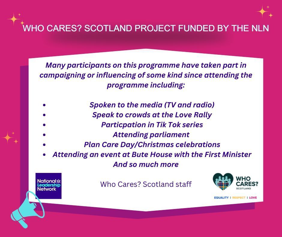 Many of the participants on the Empowering Voices programme had the opportunity to take part in various fantastic opportunities, some of which are mentioned below. To read the full <a href="/whocaresscot/">Who Cares? Scotland</a> report please check out: …onalleadershipnetwork.squarespace.com/nln-funded-pro…