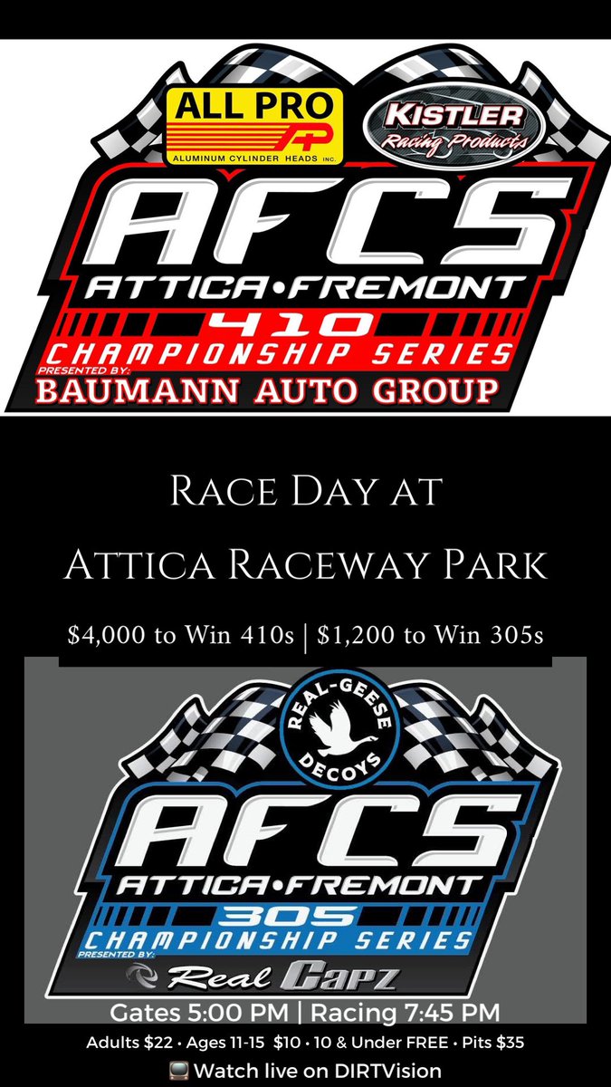 AFCS_Sprints's tweet photo. IT’S RACE DAY 👏🏼 

📍@atticaracewyprk 

💰$4,000 to Win 410s 
💰$1,200 to Win 305s

🎟️ 5:00 PM
🏁 7:45 PM

📺 Watch live on @dirtvision https://t.co/QfhYI9zj4Y