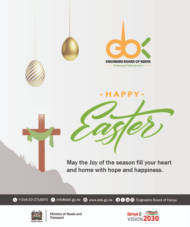 Engineers Board of Kenya (@engineersboard) on Twitter photo Wishing you a joyful and peaceful Easter from all of us at the <a href="/EngineersBoard/">Engineers Board of Kenya</a>.
May your heart and home be filled with hope and happiness.
#HappyEaster #EngineersKE #Easter2025
<a href="/TransportKE/">Ministry of Roads and Transport | Kenya</a>
<a href="/Roads_KE/">State Department For Roads</a>
<a href="/EngEKMwongera/">Eng. Erastus K. Mwongera, CE, FIEK, CBS| EBS| OGW</a>
<a href="/Eng_MaggieOgai/">Eng. Margaret Ogai</a>
<a href="/TheIEK/">The Institution of Engineers of Kenya</a>
<a href="/ACEK1968/">The Association of Consulting Engineers of Kenya</a>
<a href="/EAC_KENYA/">ENGINEERING ACCREDITATION COMMITTEE, KENYA</a> Wishing you a joyful and peaceful Easter from all of us at the <a href="/EngineersBoard/">Engineers Board of Kenya</a>.
May your heart and home be filled with hope and happiness.
#HappyEaster #EngineersKE #Easter2025
<a href="/TransportKE/">Ministry of Roads and Transport | Kenya</a>
<a href="/Roads_KE/">State Department For Roads</a>
<a href="/EngEKMwongera/">Eng. Erastus K. Mwongera, CE, FIEK, CBS| EBS| OGW</a>
<a href="/Eng_MaggieOgai/">Eng. Margaret Ogai</a>
<a href="/TheIEK/">The Institution of Engineers of Kenya</a>
<a href="/ACEK1968/">The Association of Consulting Engineers of Kenya</a>
<a href="/EAC_KENYA/">ENGINEERING ACCREDITATION COMMITTEE, KENYA</a>