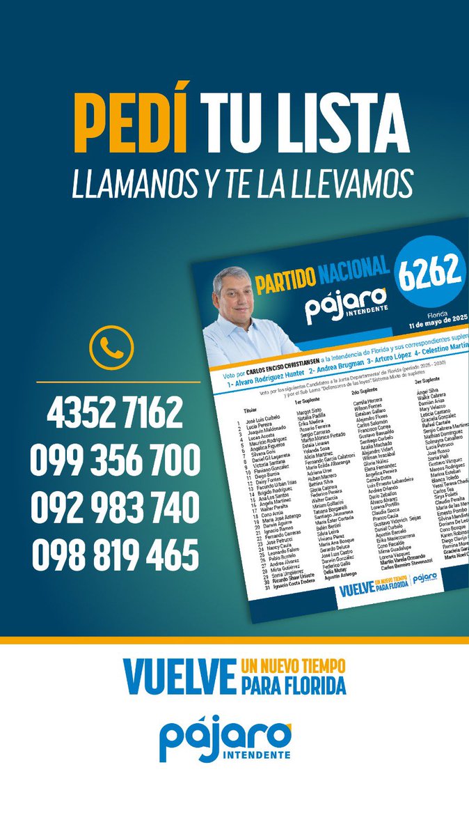 JoseLuisCurbelo's tweet photo. Ya llegó la lista que todos esperaban para acompañar con su voto a @PajaroEnciso el próximo 11 de mayo. 

Pedila y te la llevamos. 

#UnNuevoTiempoParaFlorida https://t.co/7yrLULYkKi