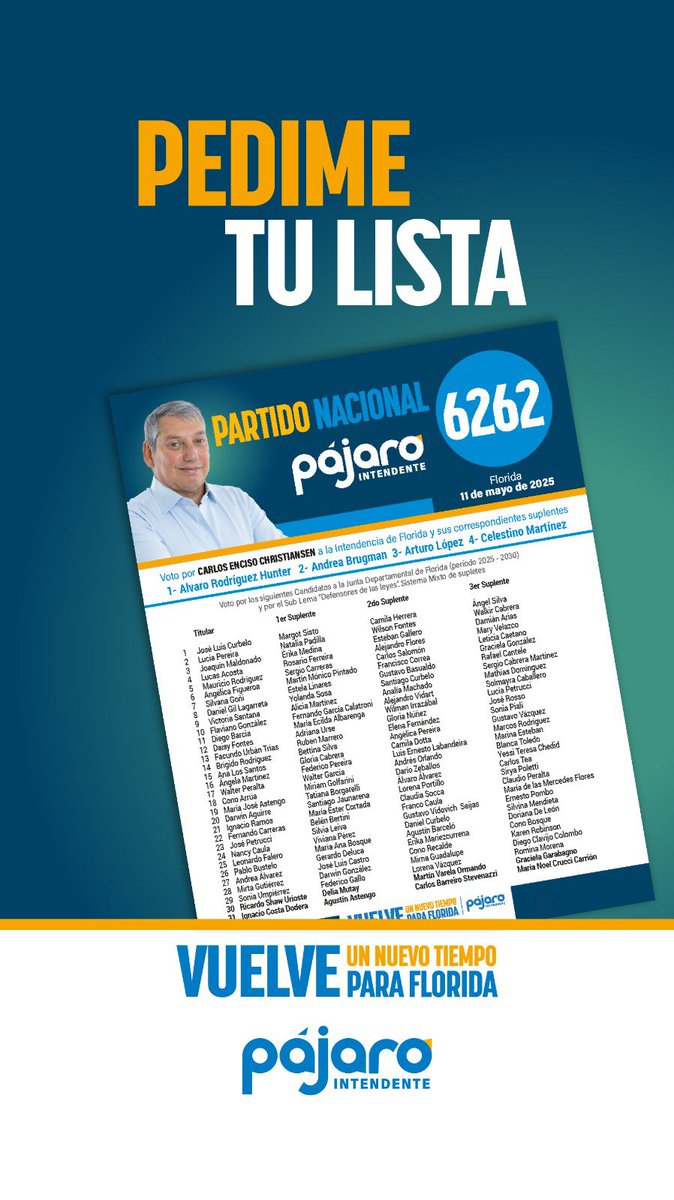 JoseLuisCurbelo's tweet photo. Ya llegó la lista que todos esperaban para acompañar con su voto a @PajaroEnciso el próximo 11 de mayo. 

Pedila y te la llevamos. 

#UnNuevoTiempoParaFlorida https://t.co/7yrLULYkKi