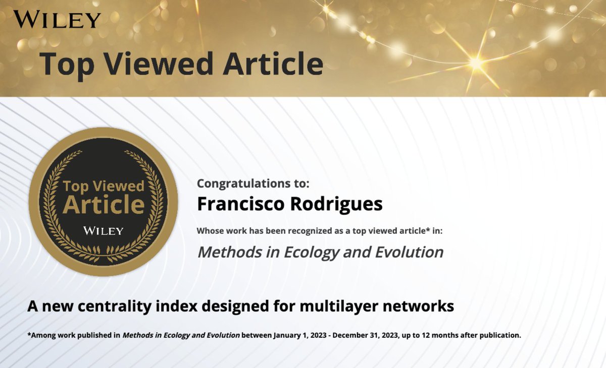 Great to see that our work on #multilayer #networks was one of the most-read papers in Methods in Ecology and Evolution:

🔖A new centrality index designed for multilayer networks
besjournals.onlinelibrary.wiley.com/doi/full/10.11…

With Marco Mello and Nastaran Lotfi.