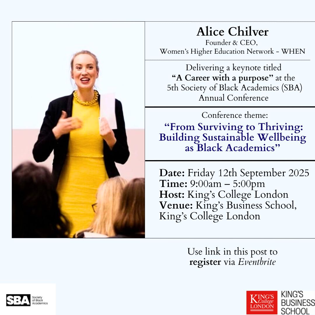 We’re thrilled to announce that Alice Chilver FCIPD MBA, Founder and CEO of WHEN, will be joining us as a speaker at our 5th Annual Society of Black Academics Conference!

See more details here: linkedin.com/feed/update/ur…

Register: eventbrite.co.uk/e/from-survivi…