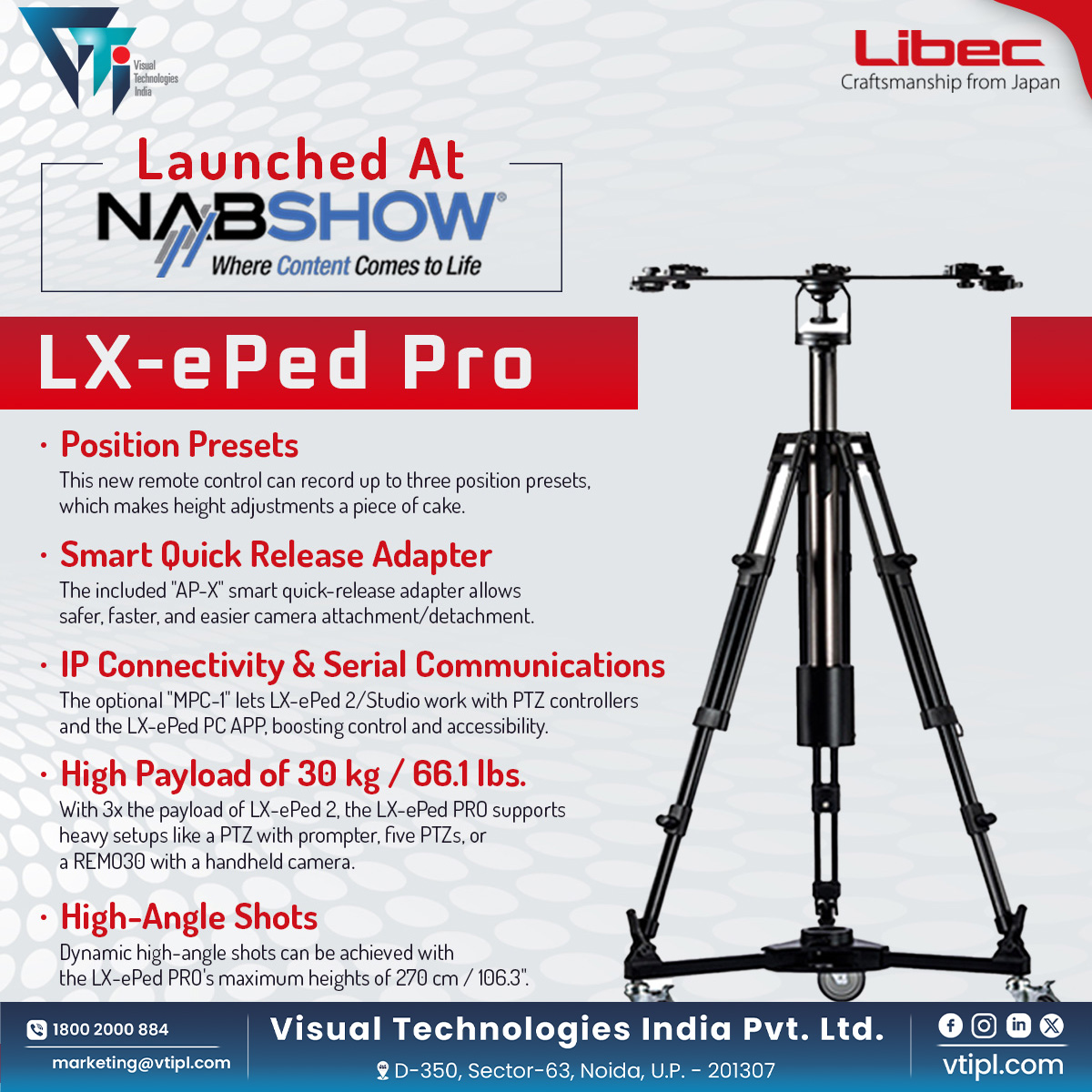 Launched at <a href="/NABShow/">NAB Show</a> 

Introducing the Libec's LX-ePed Pro, now launched and redefining high-angle dynamic shots for professionals! 📸

Perfect for PTZ cameras, prompters, and handheld setups!

#Libec #BroadcastGear #CameraRig #ProductionTools #VTIPL #NAB2025