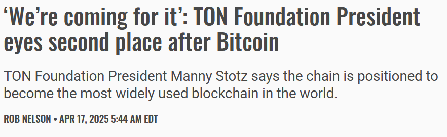 Daily๐ (@the_daily_ton) on Twitter photo JUST IN: โWeโre coming for itโ โ $TON eyes the 2 spot after Bitcoin ๐
TON Foundation President <a href="/ManuelStotz/">Manuel Stotz</a> just made a bold claim:
$TON is on track to become the most widely used blockchain in the world.
And the plan is already in motion ๐๐ป๐งต JUST IN: โWeโre coming for itโ โ $TON eyes the 2 spot after Bitcoin ๐
TON Foundation President <a href="/ManuelStotz/">Manuel Stotz</a> just made a bold claim:
$TON is on track to become the most widely used blockchain in the world.
And the plan is already in motion ๐๐ป๐งต