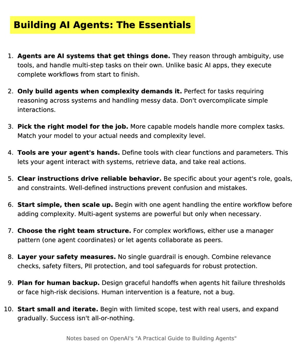 most people don't know what an agent is, so here are 10 takeaways OpenAI's guide to building agents:

(summarized for non-engineers)