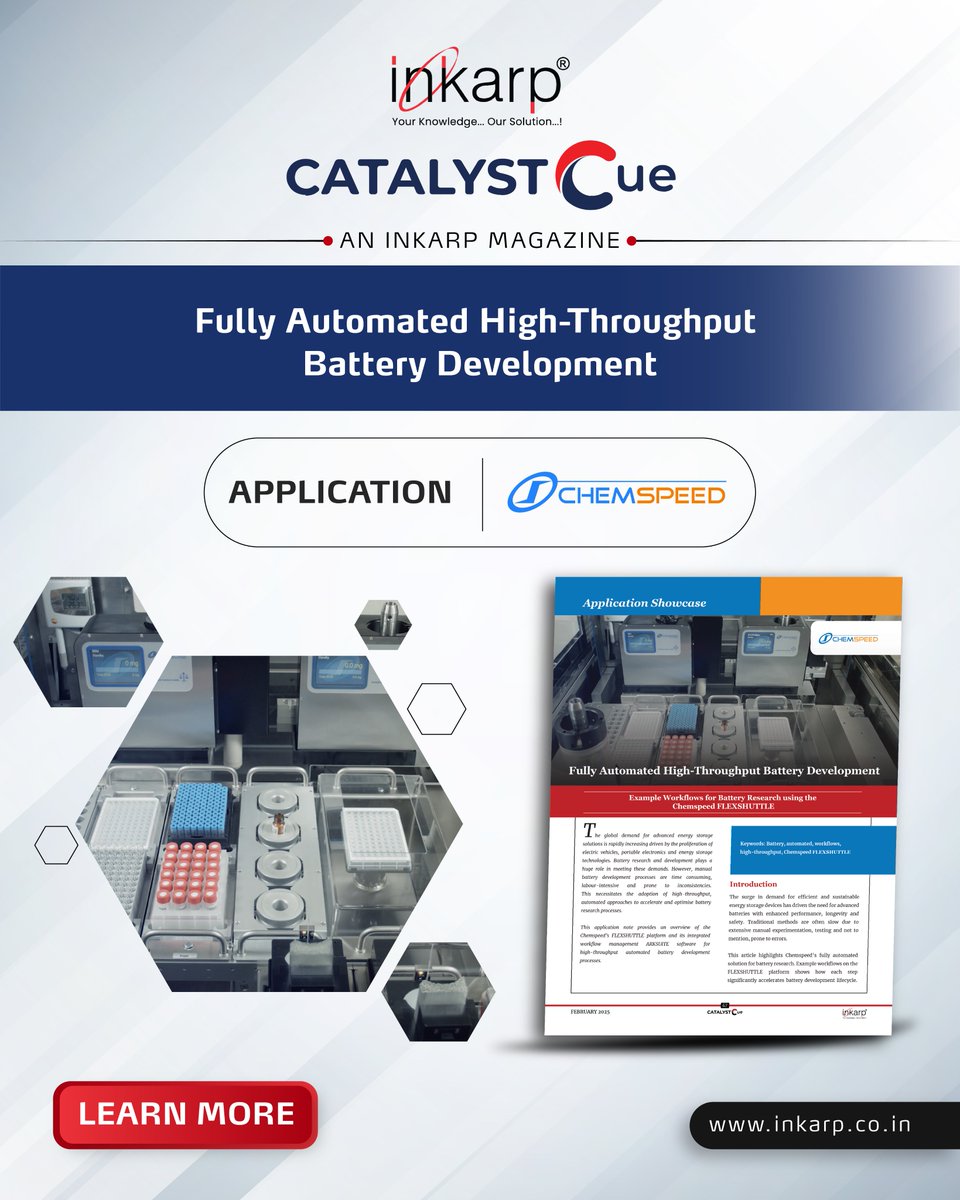 inkarpindia's tweet photo. π Revolutionize battery research with Chemspeed's FLEXSHUTTLE & ARKSUITE!
β
Faster R&D
β
Higher precision
β
Less waste
β
Full automation & AI-driven workflows
π Page 47: https://t.co/7ku7UKmAXD
#BatteryInnovation #LabAutomation #CATALYSTCue #Inkarp #Chemspeed https://t.co/C24uOBOLkA