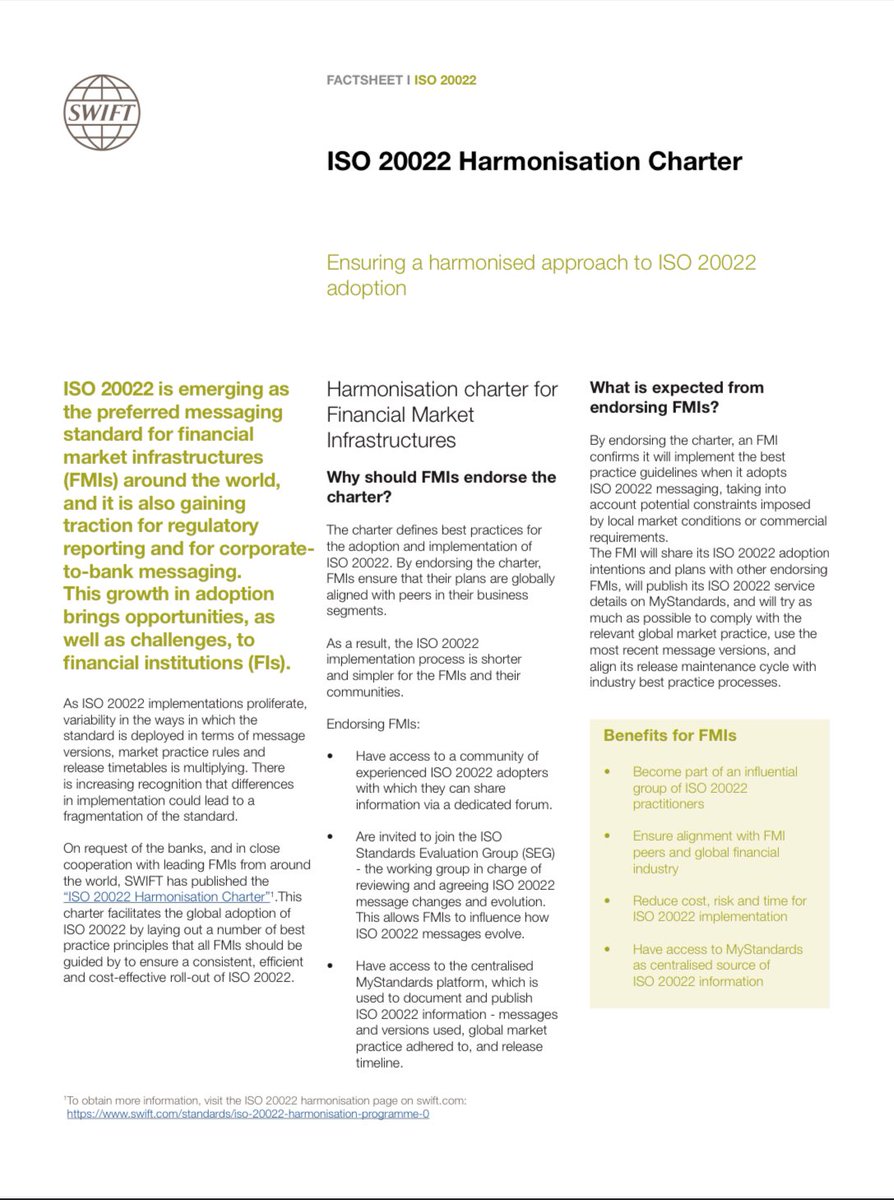 MrManXRP's tweet image. SWIFT was actually one of the largest proponents of ISO 20022 harmonization, abs that was solidified through the 
Harmonization Charter that allowed banks, regulators and standard setters to get onboard with the plan.

Same risk, same outcome.
swift.com/sites/default/…