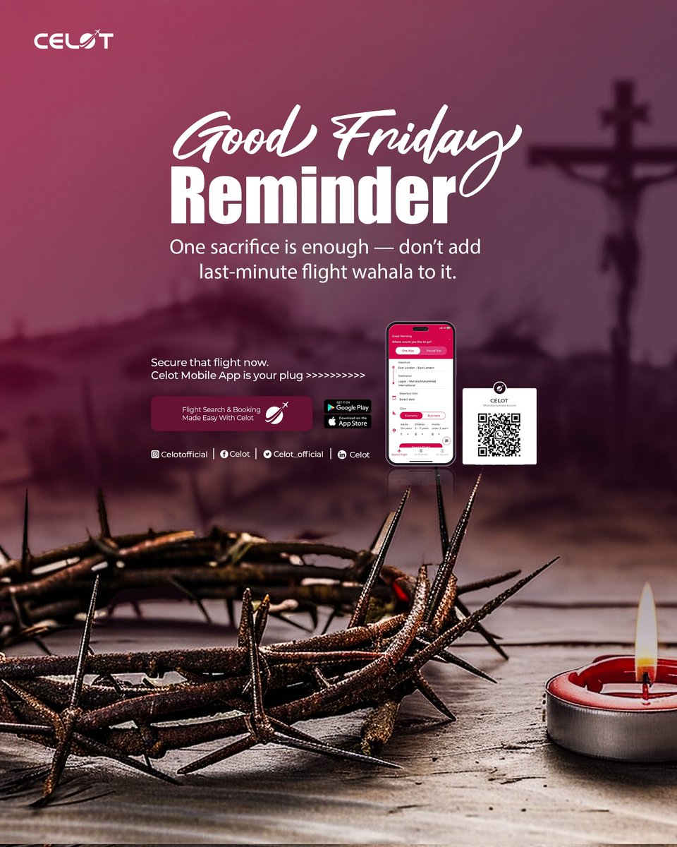 celot_official's tweet photo. Have a gooooood Good Friday. ✝️
The sacrifice of God IS enough.

#Celot #goodfriday✝️ #affordableflights #tgigf #flightbookingapp 
Trends: #JP2025 #5ivethealbum #GoodFriday https://t.co/rLjXRNtuwm