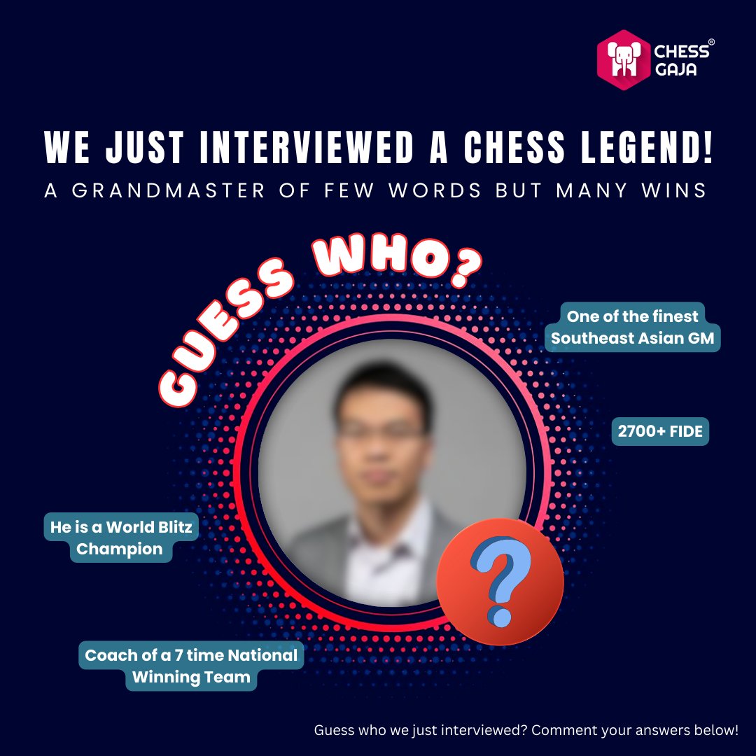 ChessGaja's tweet image. We just interviewed a chess legend!

A Grandmaster with 2700+ FIDE, World Blitz Champion, and coach of a 7-time national winning team!

Can you guess who it is? 👀

Full interview will drop soon!

#ChessLegend #GMInterview #ChessGaja #GuessWho #GMPriyadharshan #grandmaster