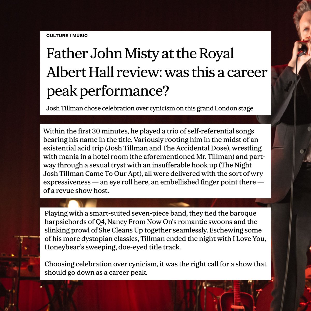 Singular Artists (@singularartists) on Twitter photo Thrilled to see the overwhelmingly glowing reviews for <a href="/fatherjohnmisty/">Father John Misty</a> 's recent outing at <a href="/RoyalAlbertHall/">Royal Albert Hall</a>
<a href="/NMIreland/">National Museum of Ireland</a> || 24th Aug
Feat: <a href="/cassmccombs/">Cass McCombs</a>
+ <a href="/soaksoaksoak/">SOAK</a>
for #WiderThanPictures
TIX + MORE ⬇️
singularartists.ie/show/fjm-wtp25/ Thrilled to see the overwhelmingly glowing reviews for <a href="/fatherjohnmisty/">Father John Misty</a> 's recent outing at <a href="/RoyalAlbertHall/">Royal Albert Hall</a>
<a href="/NMIreland/">National Museum of Ireland</a> || 24th Aug
Feat: <a href="/cassmccombs/">Cass McCombs</a>
+ <a href="/soaksoaksoak/">SOAK</a>
for #WiderThanPictures
TIX + MORE ⬇️
singularartists.ie/show/fjm-wtp25/
