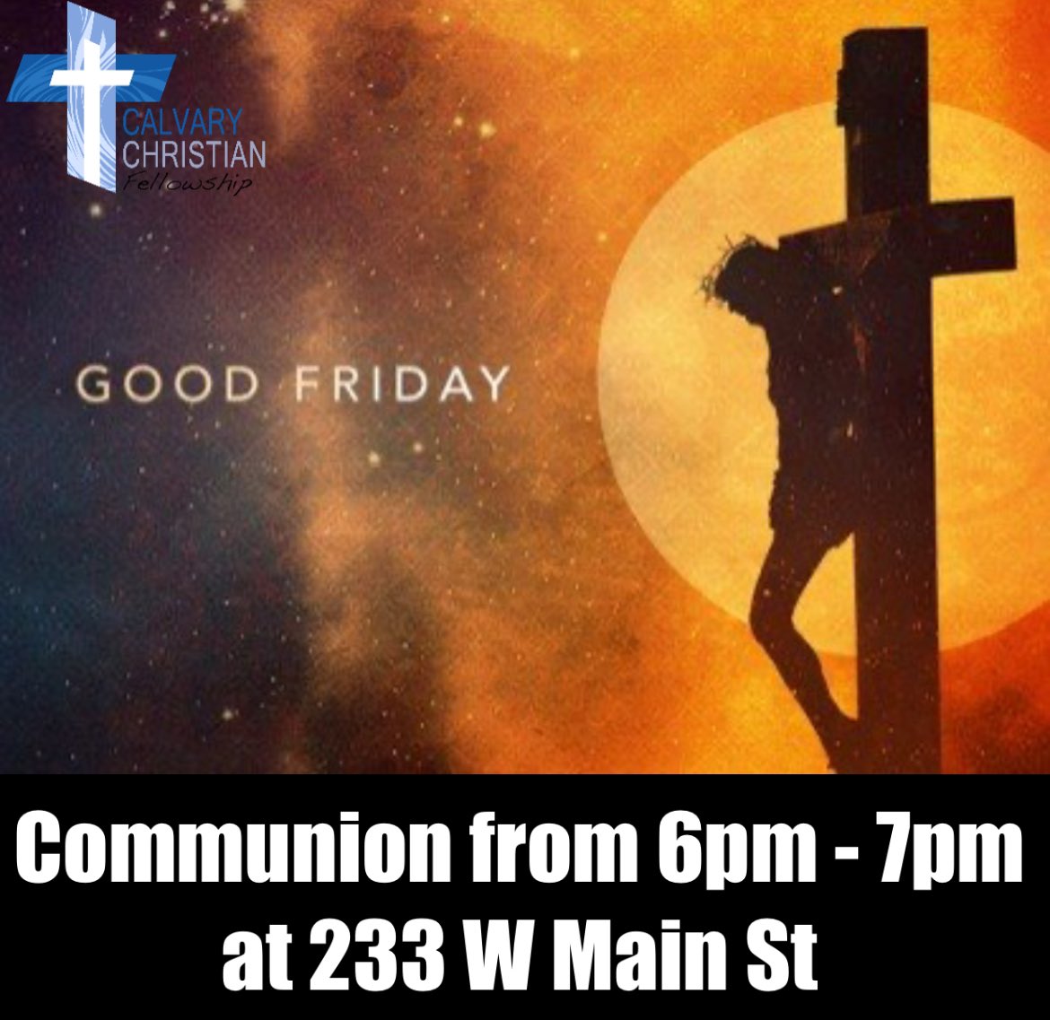 Commemorate the crucifixion of Jesus Christ this evening at 6pm. <a href="/ccffortwayne/">Calvary Christian Fellowship</a> will have a time of prayer and communion from 6-7 at 233 W Main St as well as a symbolic time of placing nails in the cross.
#GoodFriday #ccffw #myfortwayne #fortwayne #easter #JesusChrist #Christian