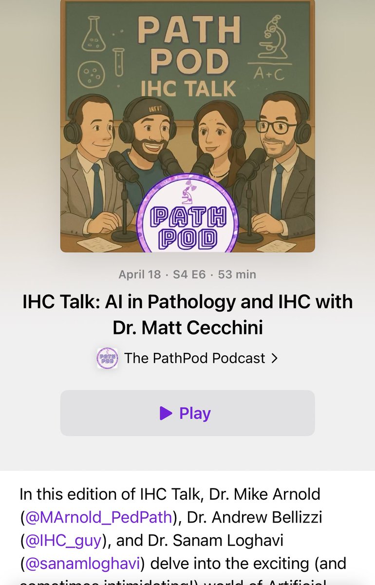 Sanam Loghavi, MD صنم لغوی 🔬🧬 (@sanamloghavi) on Twitter photo Our latest episode of <a href="/PathPod/">The PathPod Podcast</a> #IHC talk just dropped. We talked to <a href="/Path_Matt/">Matthew Cecchini MD PhD FRCPC</a> about #AI in #pathology
Listen to it in <a href="/ApplePodcasts/">Apple Podcasts</a> or anywhere you get yours
<a href="/MArnold_PedPath/">Michael Arnold, MD, PhD</a> <a href="/IHC_guy/">Andrew Bellizzi 🇺🇦</a>
podcasts.apple.com/us/podcast/the… Our latest episode of <a href="/PathPod/">The PathPod Podcast</a> #IHC talk just dropped. We talked to <a href="/Path_Matt/">Matthew Cecchini MD PhD FRCPC</a> about #AI in #pathology
Listen to it in <a href="/ApplePodcasts/">Apple Podcasts</a> or anywhere you get yours
<a href="/MArnold_PedPath/">Michael Arnold, MD, PhD</a> <a href="/IHC_guy/">Andrew Bellizzi 🇺🇦</a>
podcasts.apple.com/us/podcast/the…