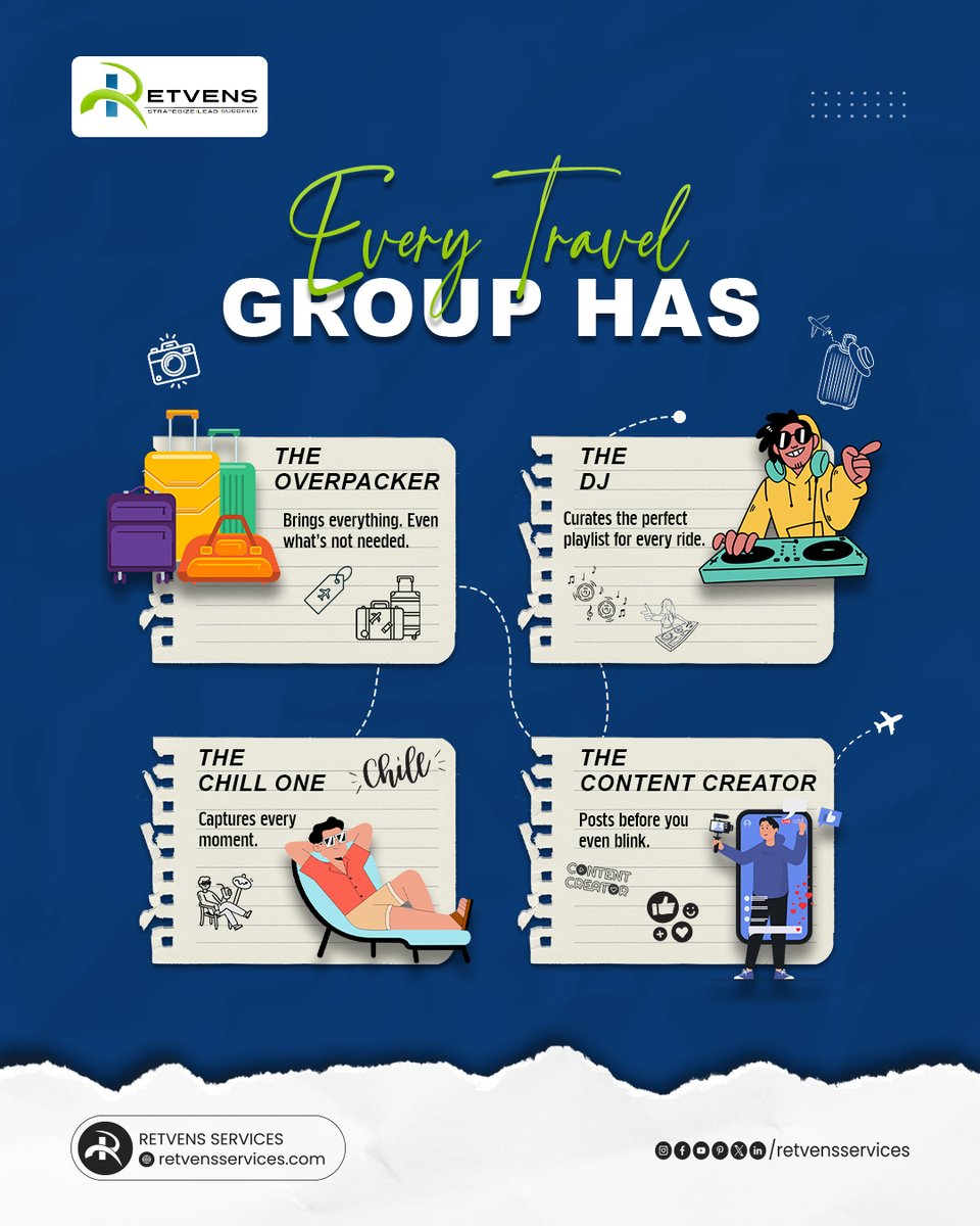 retvensservices's tweet image. Every group trip is a perfect mix of personalities!
Tag your travel tribe and tell us who’s who:
Are you the Overpacker 🧳 or the DJ 🎧?
The Chill One 😎 or the Content Creator 📸?

#TravelSquadGoals #WanderVibes #TripPersonalities
#ExploreWithRetvens #GroupTrip  #Retvensservices
