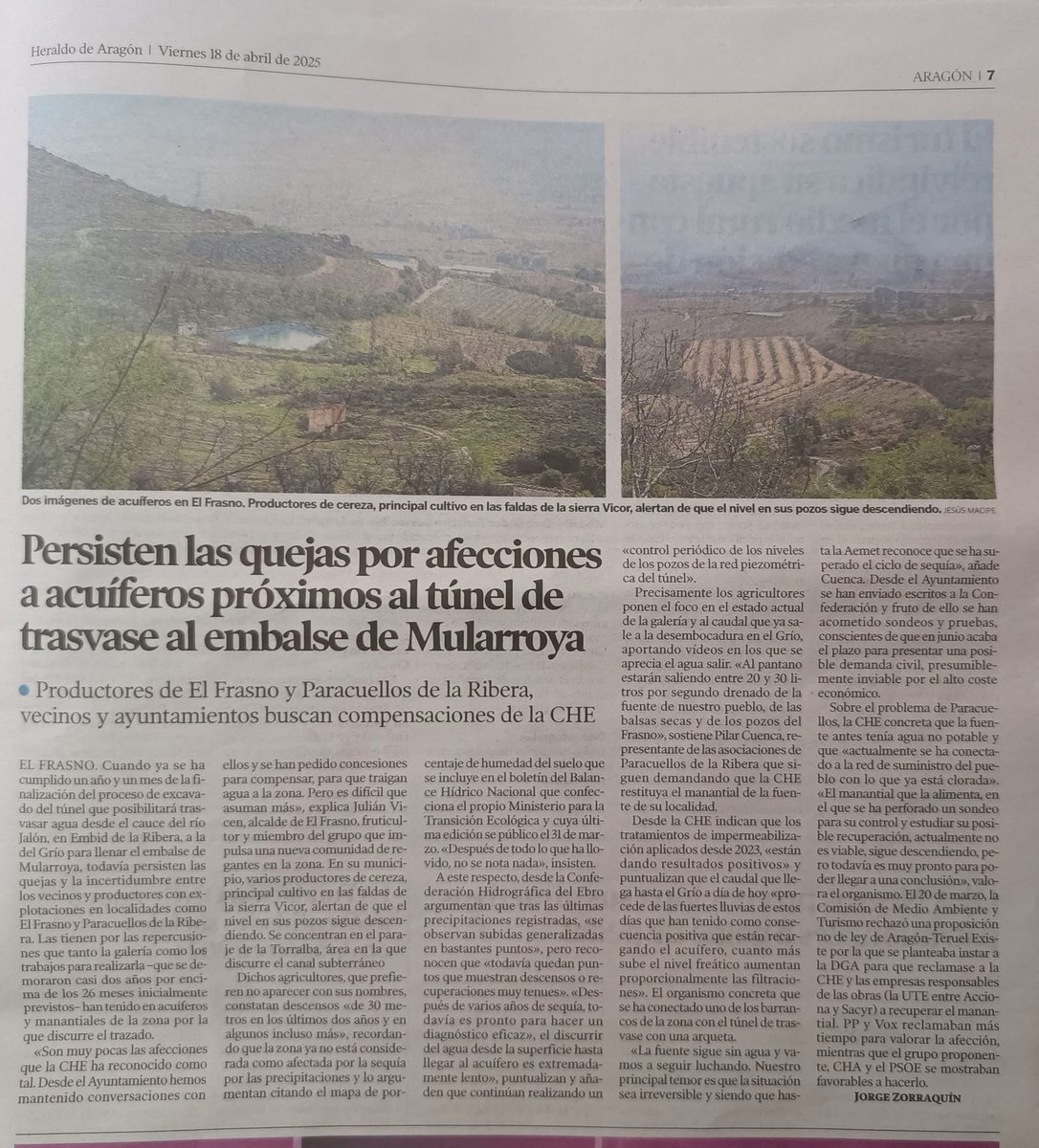 Persisten las quejas por afecciones a acuíferos próximos al túnel de trasvase al embalse de Mularroya  Productores de El Frasno y Paracuellos de la Ribera, vecinos y aytos  buscan compensaciones de la CHE, heraldo.es/noticias/arago…