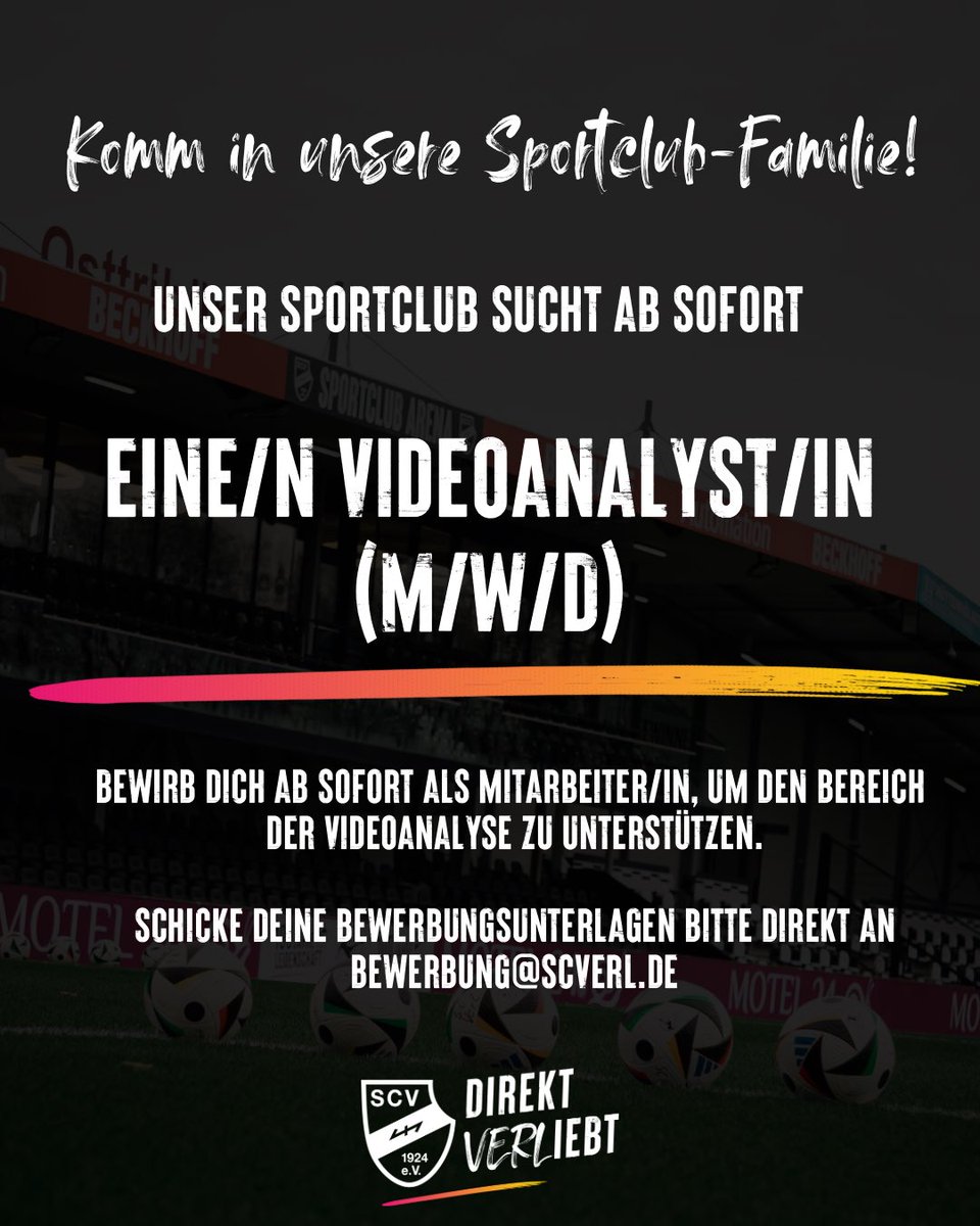 SCVerl's tweet photo. Wir suchen ab sofort eine/n Videoanalyst/in!📹⚽️
Komm in die Sportclub-Familie und erlebe die 3.Liga hautnah mit! Die komplette Stellenbeschreibung findet ihr auf unserer Website: https://t.co/j2x8vh0bMg
#scverl #3liga #zeigtsuns #fu3ball #videoanalyse https://t.co/QOKGJ4vGBf