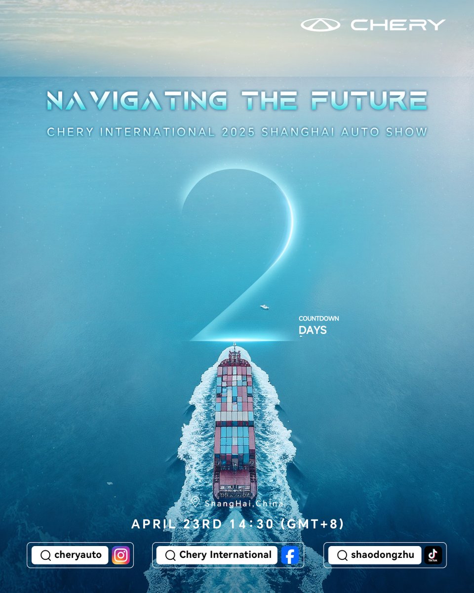 CheryAutoCo's tweet photo. 🚗 2 days left. Get ready to witness future-forward innovation.
#Chery #AutoShowShanghai #NavigatingTheFuture #NewTechnologyNewIntegrationNewMission #CSH #CherySuperHybrid https://t.co/TtwmOxJ2Dc