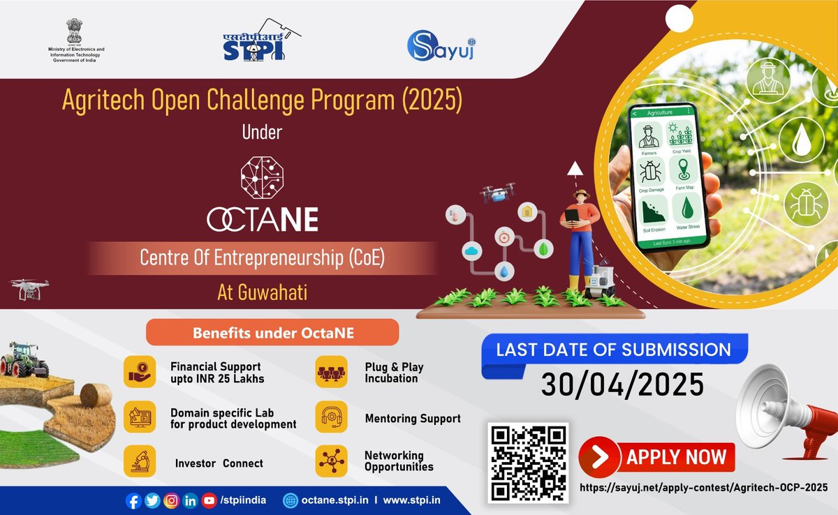 📢Attention #Startups!  
Are you building innovative #Agritech solutions? 
This is your opportunity!  Apply for the Open Challenge Program by STPI OctaNE CoE, Guwahati, aimed at nurturing innovation in Agritech sector.

📅 Deadline: 30/04/25 
ℹ️ Apply Now: bit.ly/3ECeIui