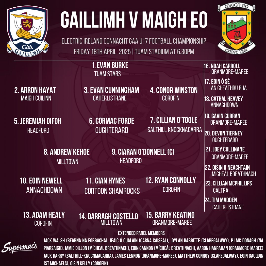 🚨Team News 🚨
Electric Ireland <a href="/ConnachtGAA/">Connacht GAA</a>  Minor Football R5
Galway v Mayo

🗓️Friday 18th April
📍Tuam Stadium
🕡6.30pm
📻 Commentary on Galway Bay FM
📺Watch Live here
page.inplayer.com/connachtgaa/it…

Buy Match Tickets ⤵️
universe.com/events/electri…

Best of Luck Lads!

#riseofthetribes