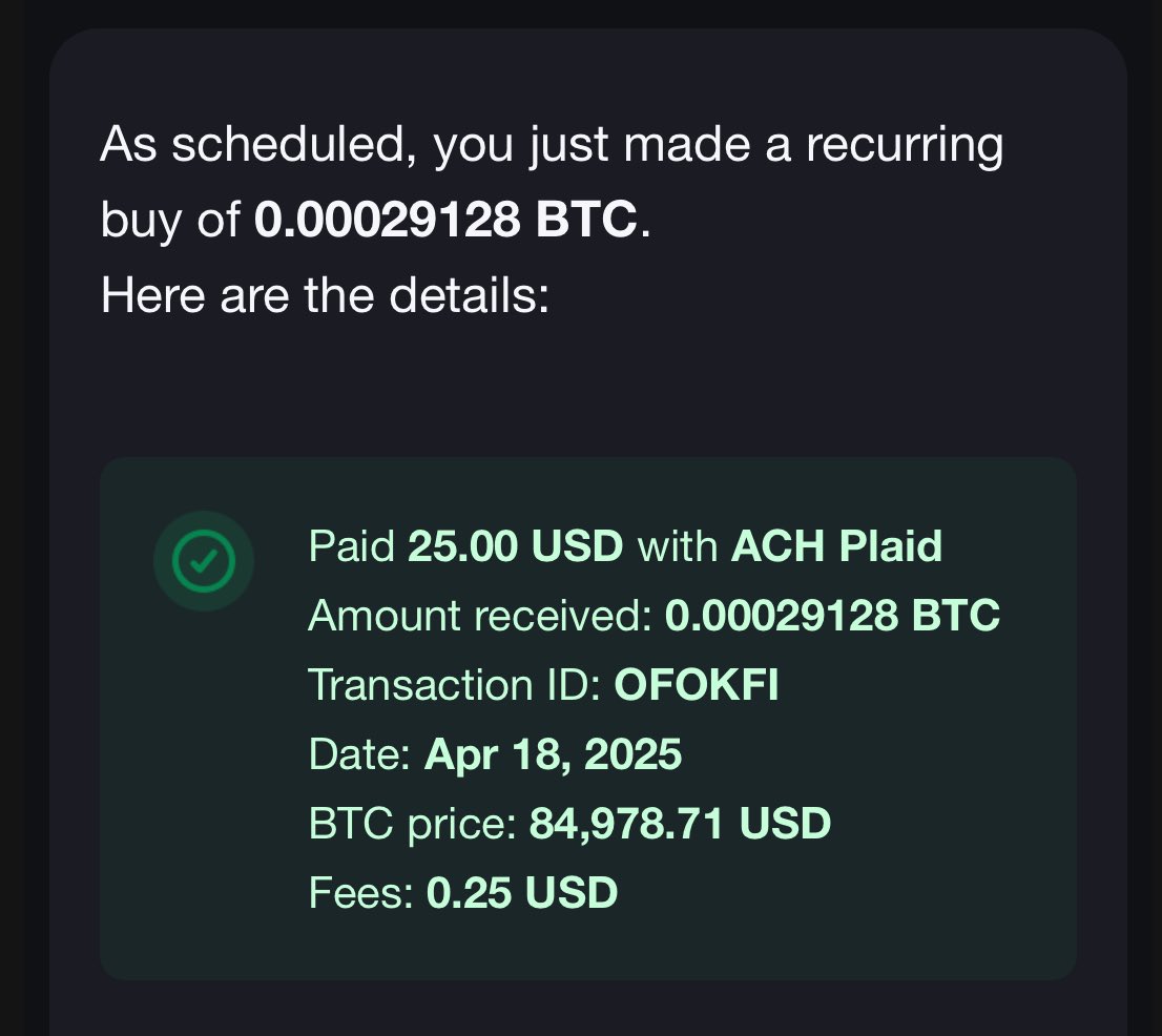 DollarCostDaily's tweet photo. 📈 Daily DCA Update
$BTC buy: 0.00029128 BTC @ $84,978.71

#DollarCostAveraging #Bitcoin #Investing https://t.co/AgTcqum5lM
