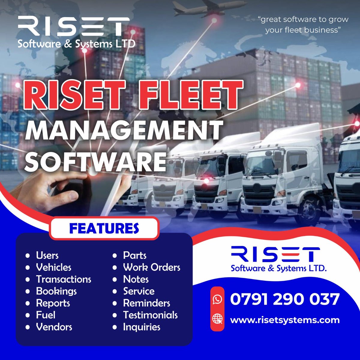 RisetSystems's tweet image. Drive smarter, save time, and reduce costs with our Fleet Management Software that offers real-time tracking, fuel efficiency insights, and seamless mainteinance scheduling
Call/Whatsapp:254 791 290 037
#softwaresystem #smartmanagement #fleetmanagement #fleetbusinessmanagement