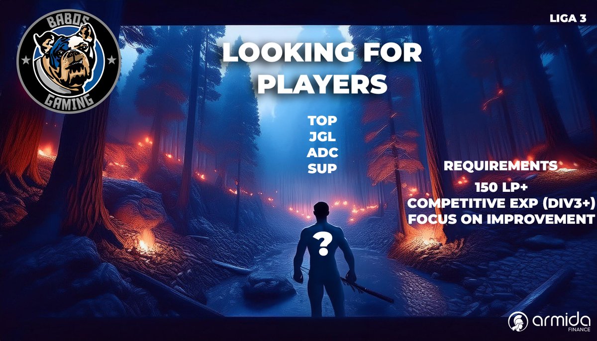 Babos Gaming (@babosgaming) on Twitter photo 🚨LIGA 3 TRYOUTS🚨
LOOKING FOR PLAYERS!!
For the upcoming <a href="/PrimeLeague/">Die Techniker Prime League</a> Summer Split '25 in Liga 3, we are looking for:
- Toplane (Master+, DE/EN speaking)
- Jungle (Master+, DE/EN speaking)
- ADC (Master+, DE/EN speaking)
- Support (Master+, DE/EN speaking)
If you are 🚨LIGA 3 TRYOUTS🚨
LOOKING FOR PLAYERS!!
For the upcoming <a href="/PrimeLeague/">Die Techniker Prime League</a> Summer Split '25 in Liga 3, we are looking for:
- Toplane (Master+, DE/EN speaking)
- Jungle (Master+, DE/EN speaking)
- ADC (Master+, DE/EN speaking)
- Support (Master+, DE/EN speaking)
If you are