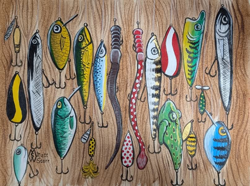 MattStarrFineA1's tweet photo. This is my acrylic painting of some fishing lures, crankbait, spoons, rooster tails and plastic worms. https://t.co/w66LdpL82J
#mattstarrfineart #art #gift #fish #fishing #fishinglure #fishinglures #fisherman #angler #hook #plasticworm #minnow #roostertail #bass #catfish https://t.co/GMe4JUkPg8