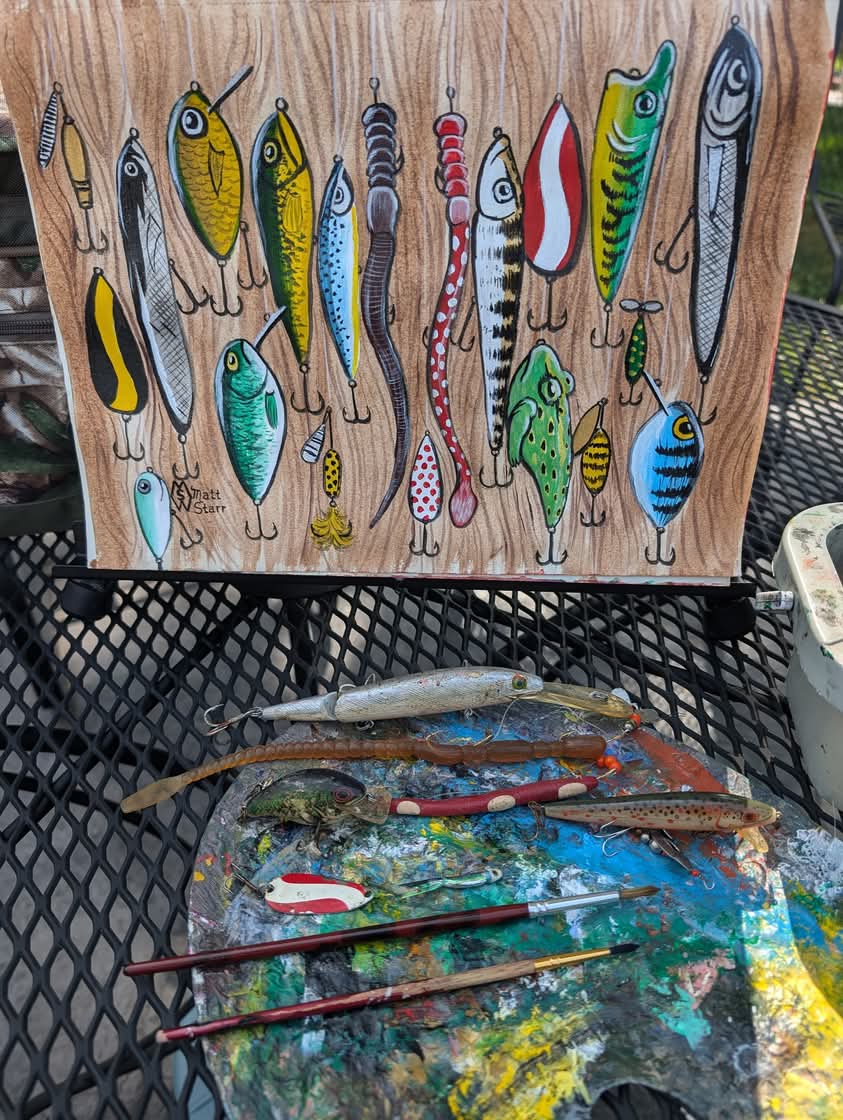 MattStarrFineA1's tweet photo. This is my acrylic painting of some fishing lures, crankbait, spoons, rooster tails and plastic worms. https://t.co/w66LdpL82J
#mattstarrfineart #art #gift #fish #fishing #fishinglure #fishinglures #fisherman #angler #hook #plasticworm #minnow #roostertail #bass #catfish https://t.co/GMe4JUkPg8