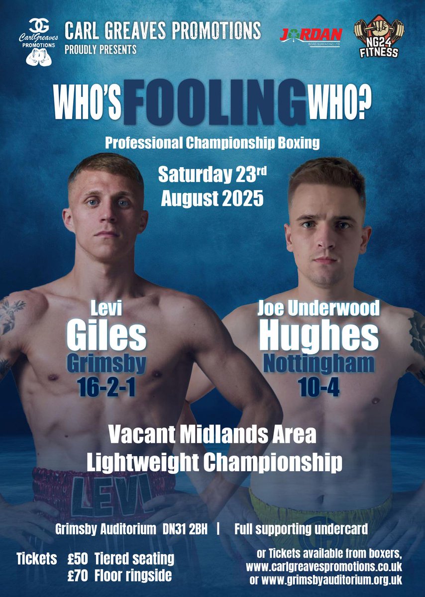 #WhosFoolingWho
Professional championship boxing 
Saturday 23rd August 
<a href="/GrimsbyLive/">Grimsby Live</a> 
<a href="/LeviGiles03/">levi giles</a> v #JoeUnderwoodHughes
<a href="/MidlandsBBBofC/">Midlands Area BBBofC</a> lightweight championship