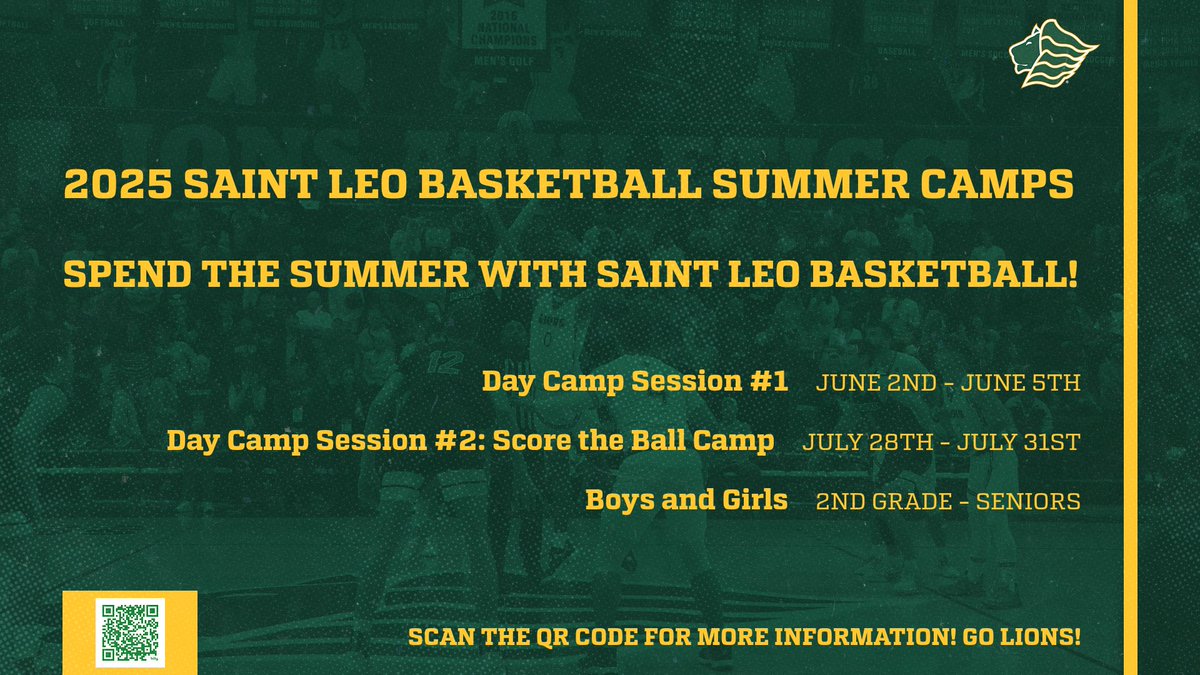 🚨 Spend the Summer with Saint Leo Basketball 🚨

Don't Miss out on a chance to Learn, Compete, and Have Fun 🦁

Sign Up Today ⬇️

Session #1 (June 2nd - June 5th) - bit.ly/44uTFV2 

Session #2 (July 28th - July 31st) - bit.ly/44vz9nj