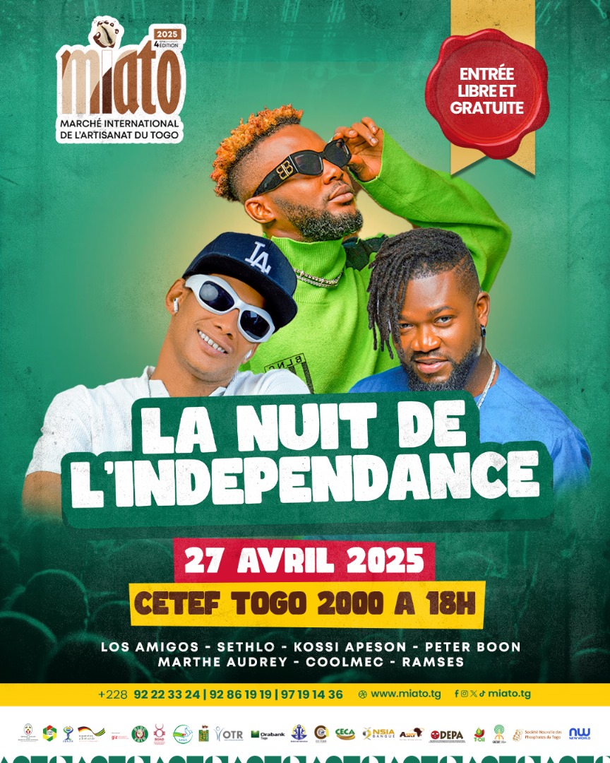 🎶 Le MIATO fête l’indépendance en musique ! 🇹🇬

📅 27 avril dès 18h au CETEF
🎤 Avec Sethlo, Kossi Apeson, Peter Boom et d'autres !
🎉 Entrée libre !
#MIATO2025 #ConcertIndépendance #LiveAuMIATO