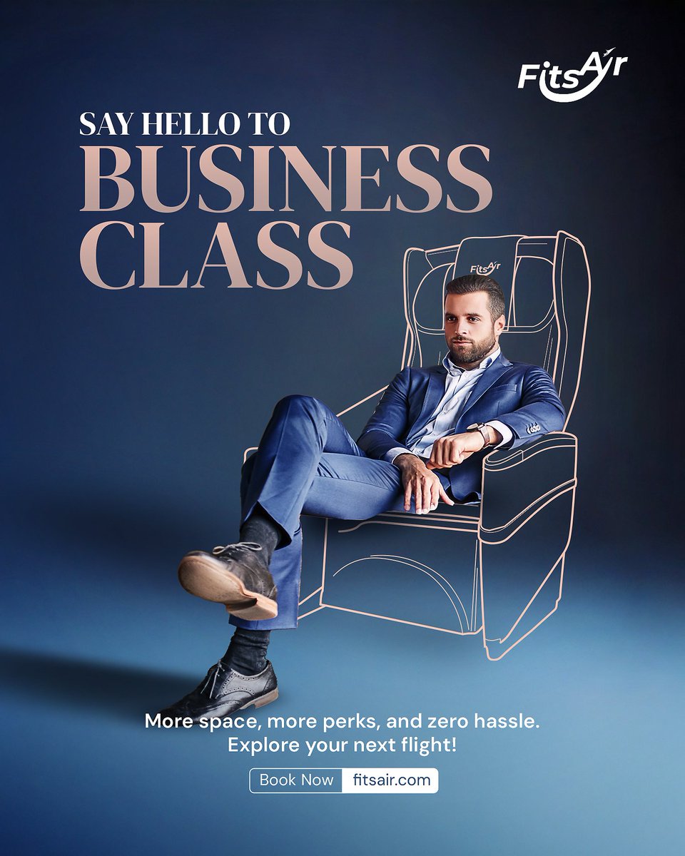 FitsAir's tweet photo. Experience more with Business Class!

Take advantage of complimentary seat selection, unwind in exclusive lounges, and indulge in premium inflight entertainment for a truly elevated travel experience.

Upgrade your journey today!

#UpgradeYourJourney #FlyFitsAir #LoungeAccess https://t.co/eIRCvci9g7